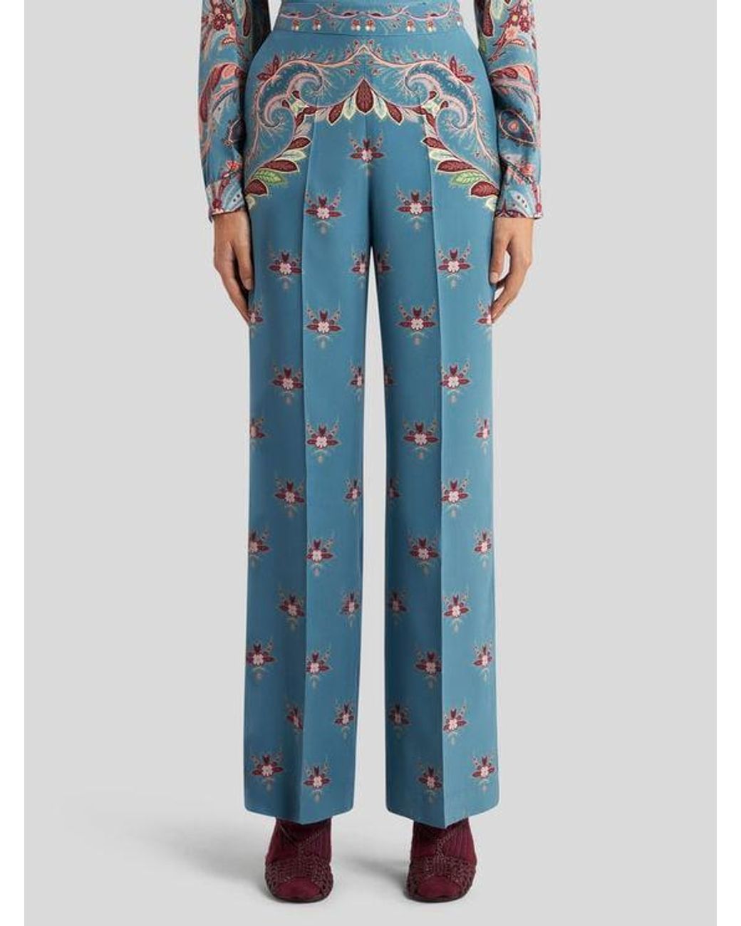 Etro Blue Silk Trousers With Placed Print