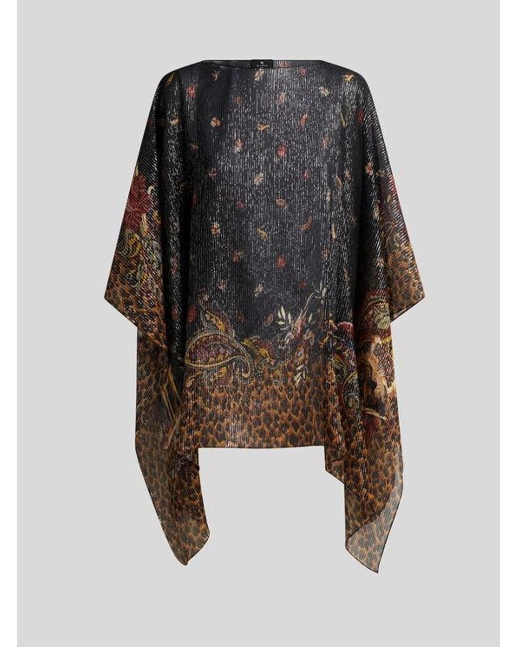 Etro Black Silk Poncho Top With Striped Animal And Floral Paisley Motif
