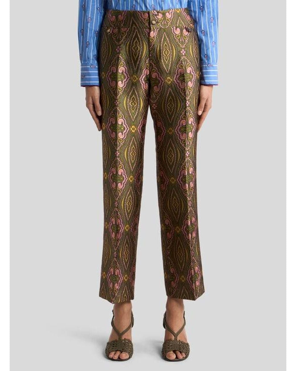 Etro Natural Jacquard Trousers With Floral Medallion Motif