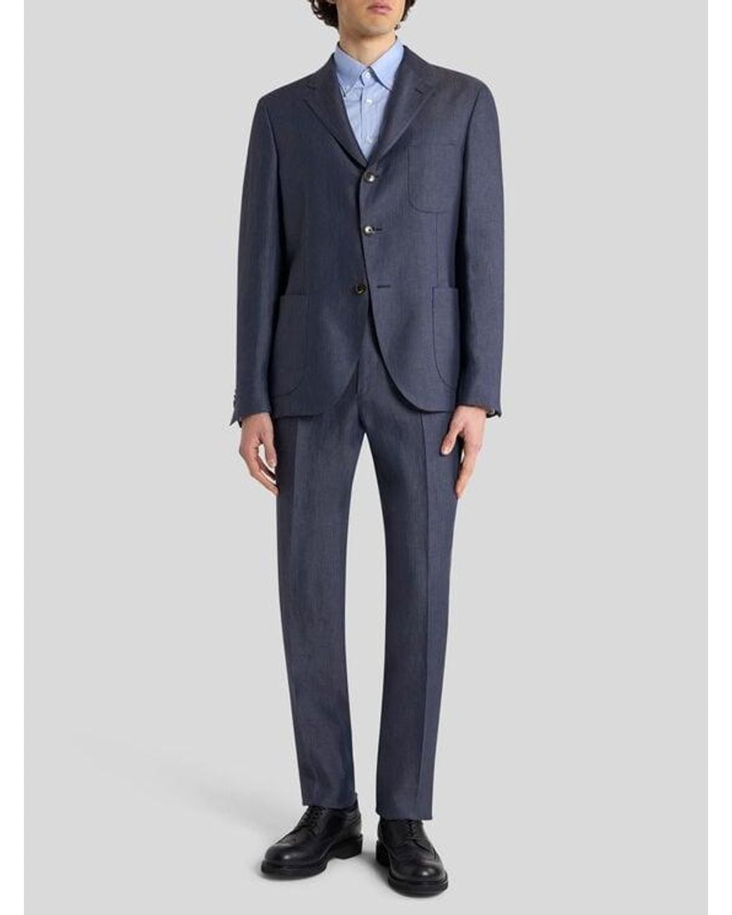 Etro Blue Single-Breasted Linen Jacket With Chevron Motif for men