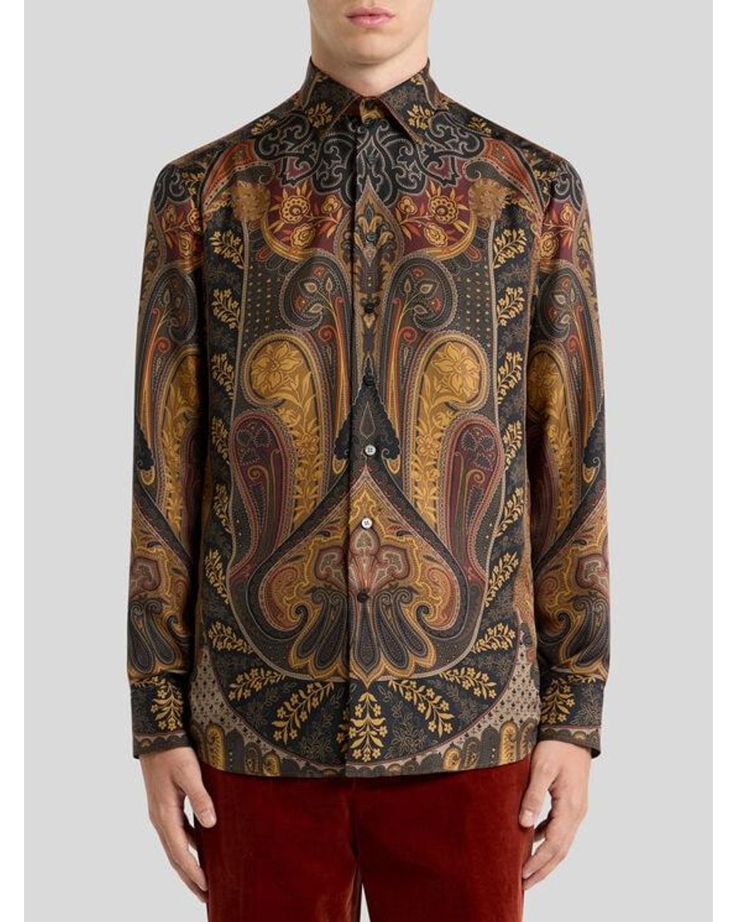 Etro Brown Silk Twill Shirt With Placed Paisley Print for men
