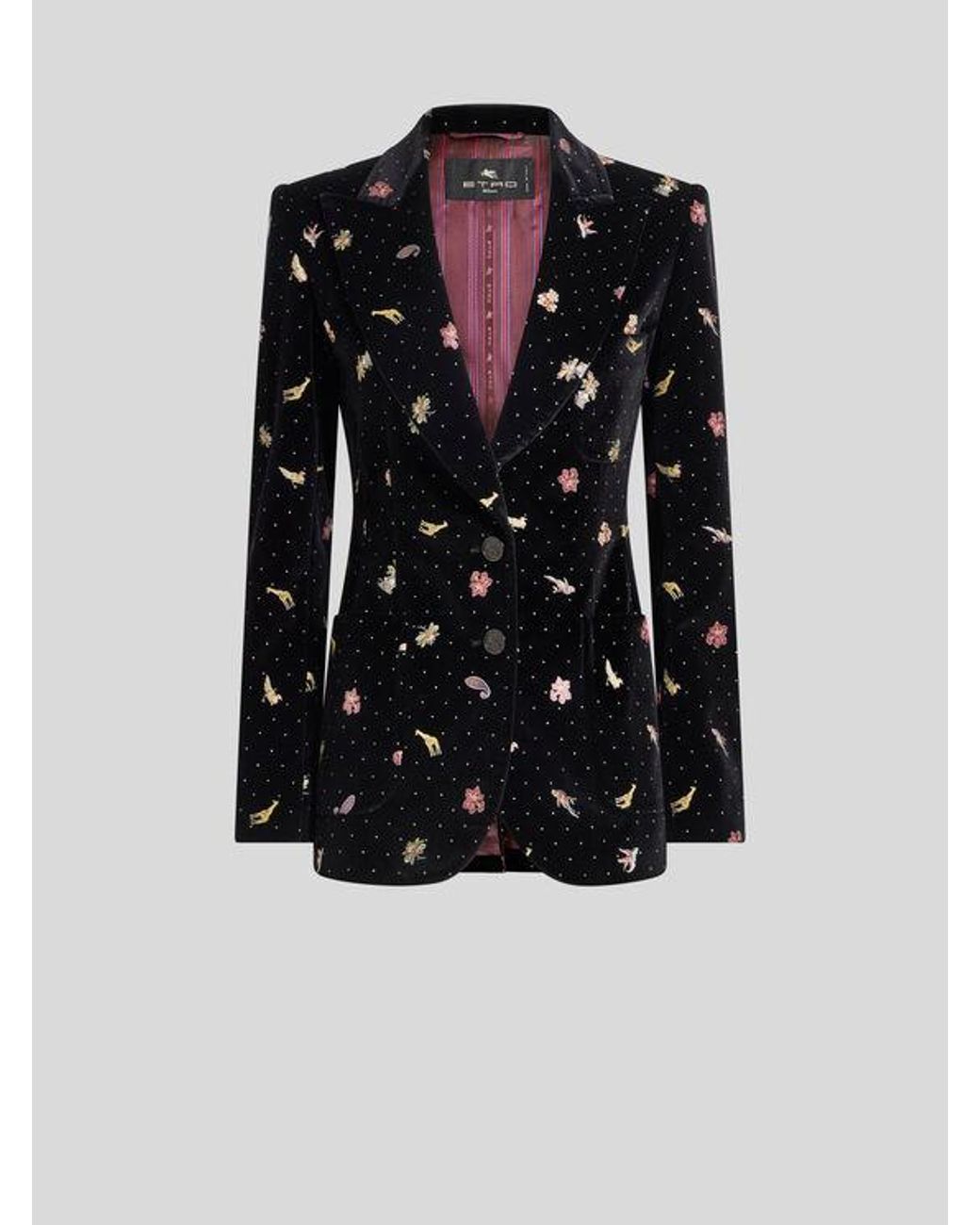 Etro Black Single-Breasted Cotton Velvet Jacket With Flower And Animal Motif