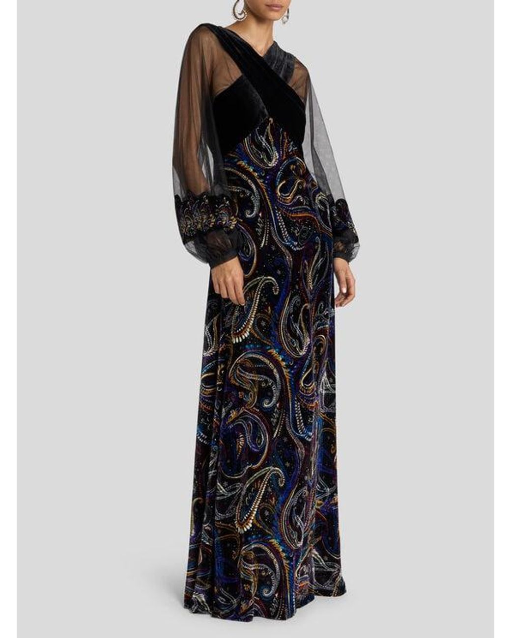 Etro Black Long Velvet Dress With Paisley Foliage Motif