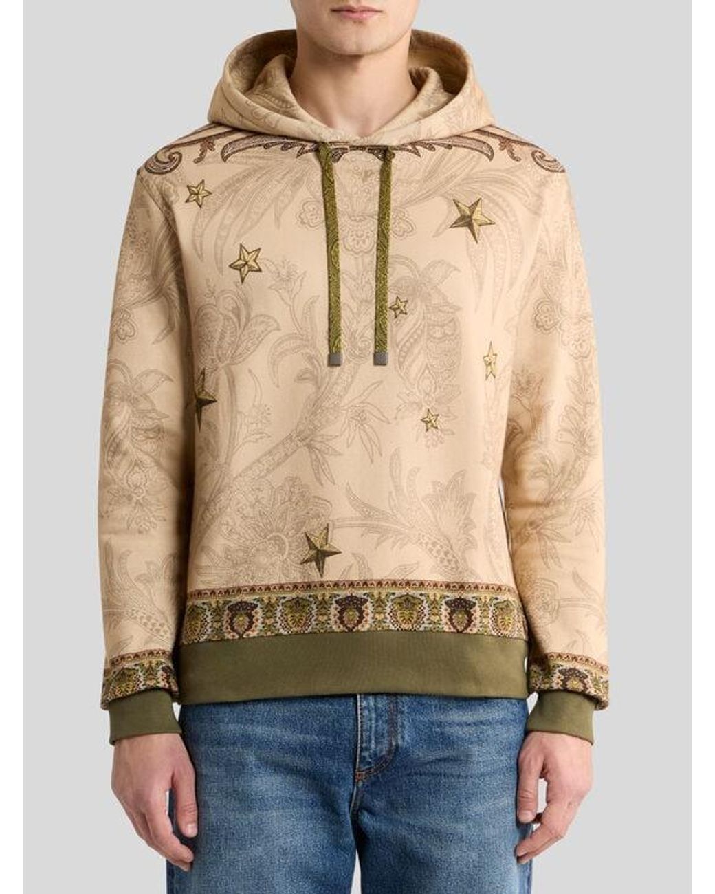 Etro Natural Cotton-Blend Hooded Sweatshirt With Placed Pegaso Print for men