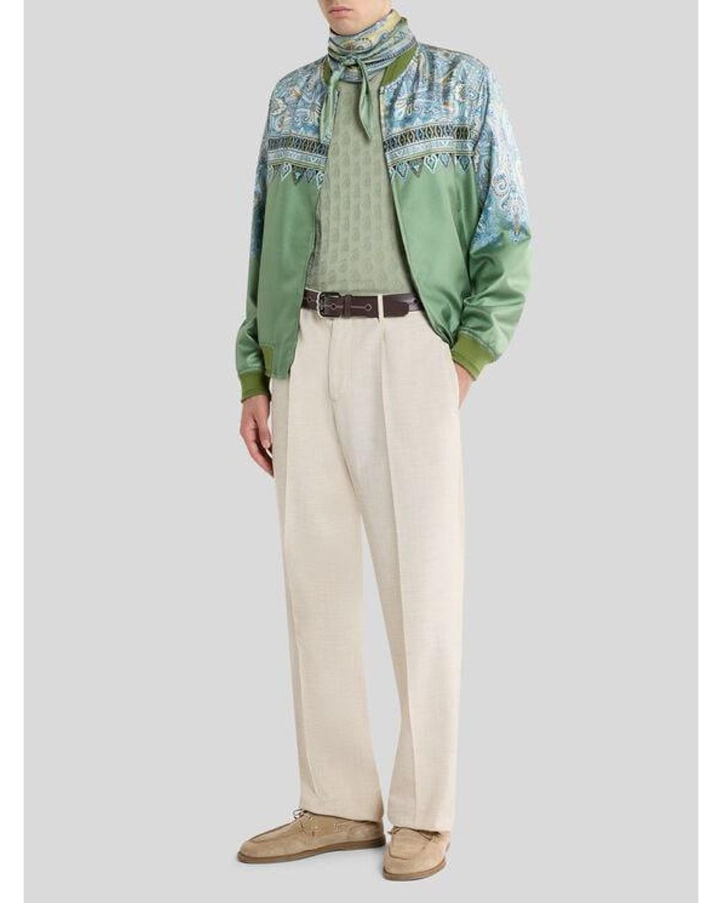 Etro Green Silk Bomber Jacket With Placed Pocket-Square Paisley Print for men