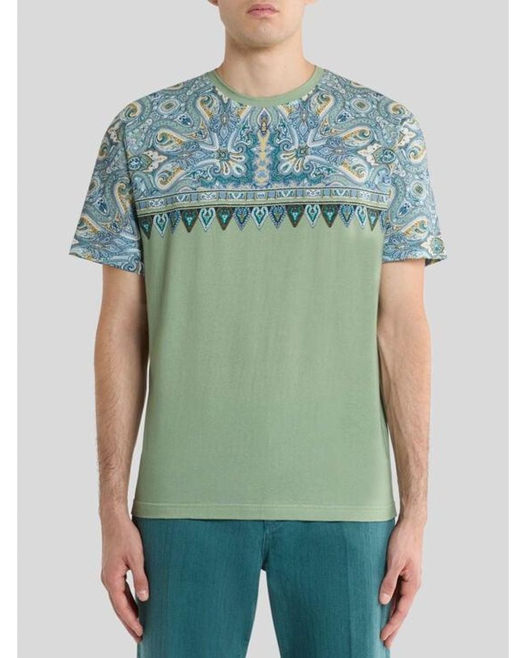 Etro Green Cotton T-Shirt With Placed Pocket-Square Paisley Print for men