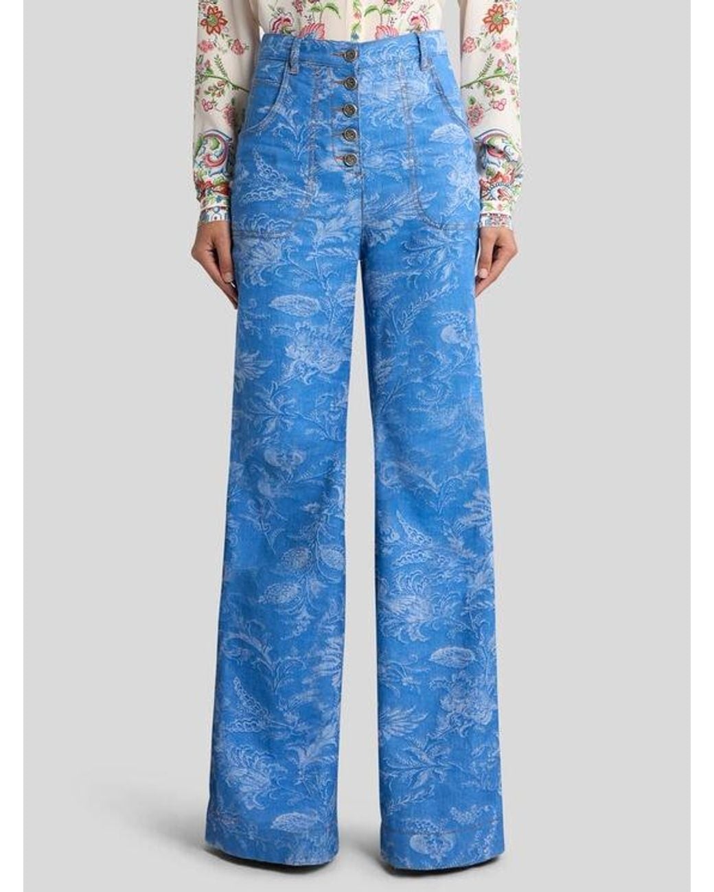 Etro Blue Flared Cotton And Linen Jacquard Denim Jeans With Floral Motif