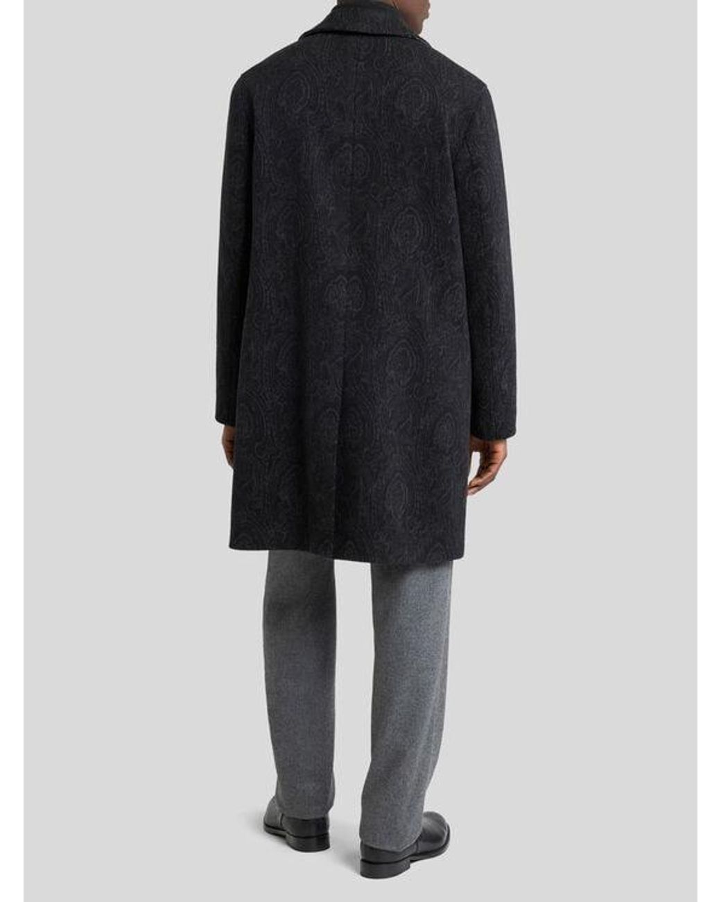 Etro Black Wool And Cashmere Jacquard Coat With Arnica Motif for men