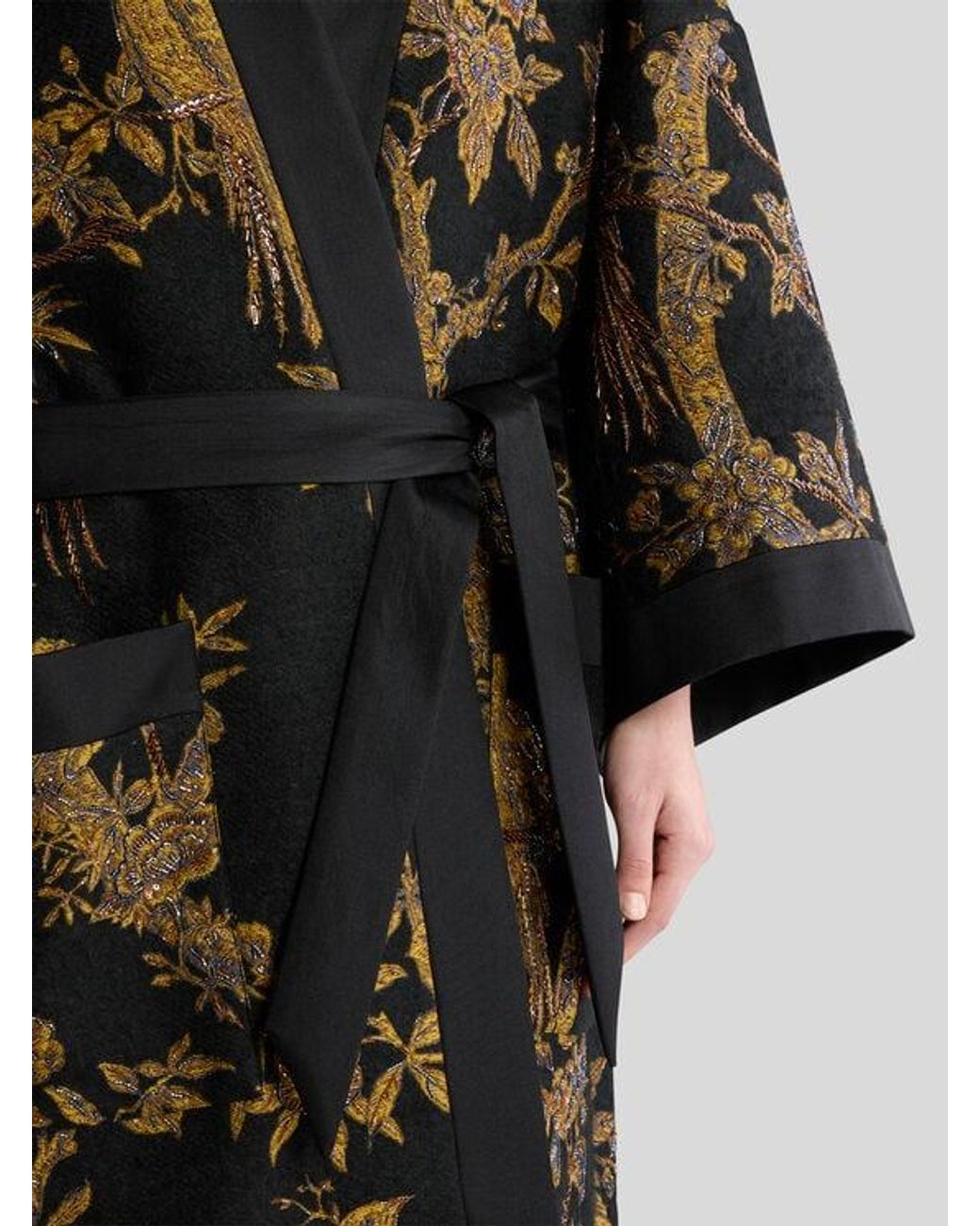 Etro Black Kimono Coat With Beads And Nature Embroidery
