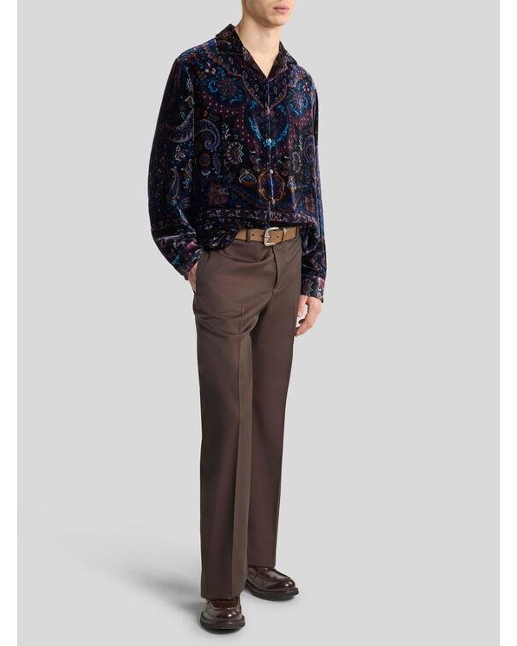 Etro Blue Silk Velvet Shirt With Placed Floral Medallion Print for men