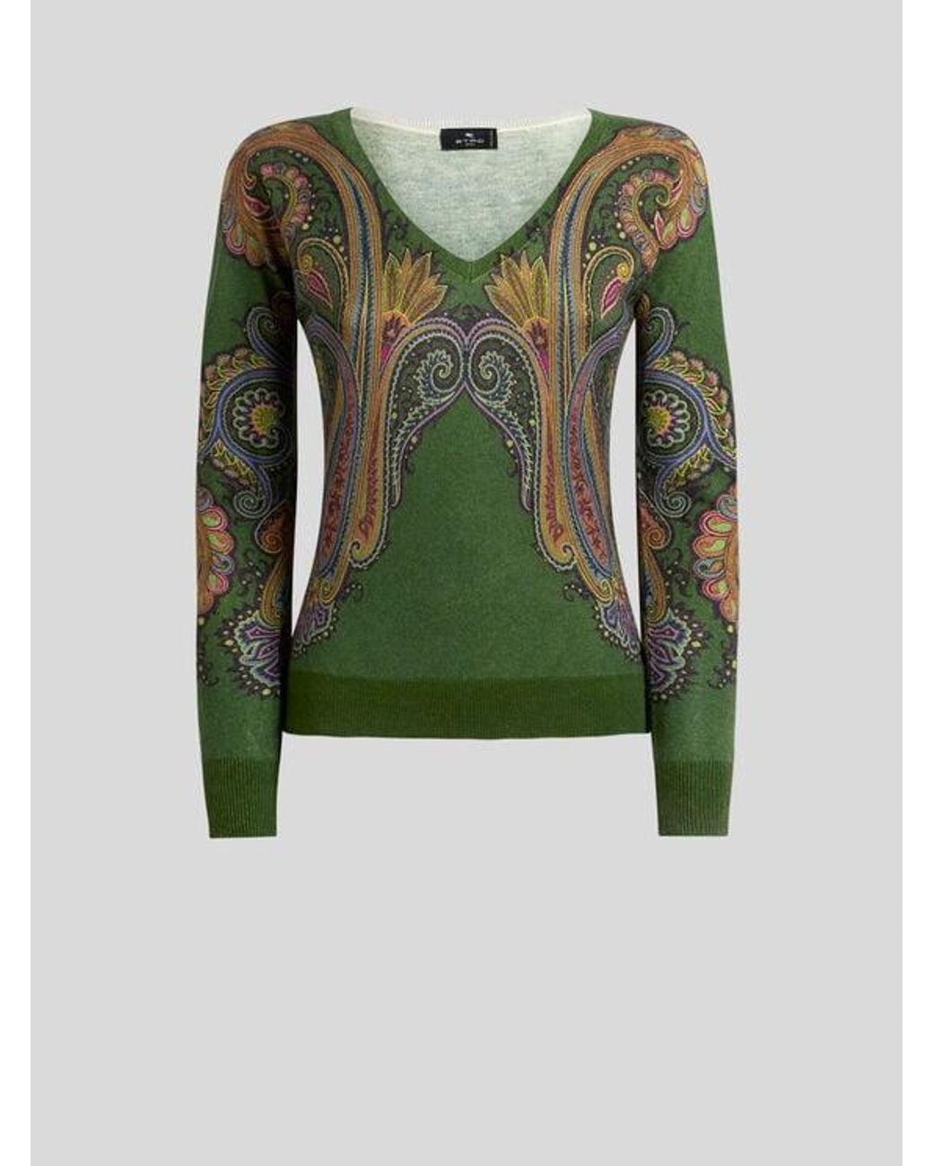 Etro Green Silk And Cashmere Sweater With V-Neck And Placed Paisley Print
