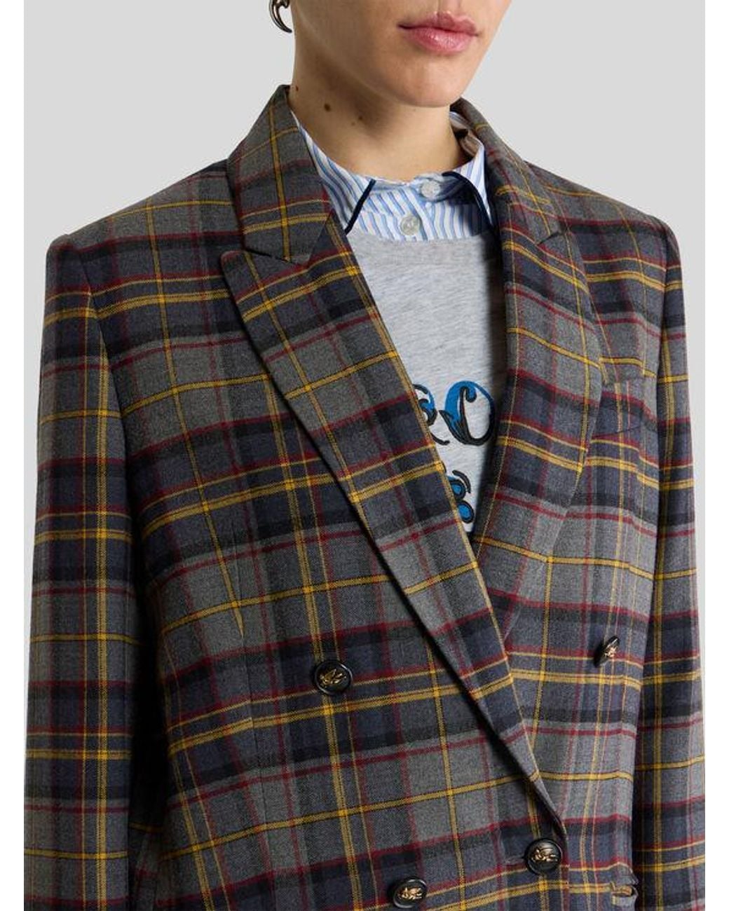Etro Black Double-Breasted Stretch Wool Jacket With Check Motif