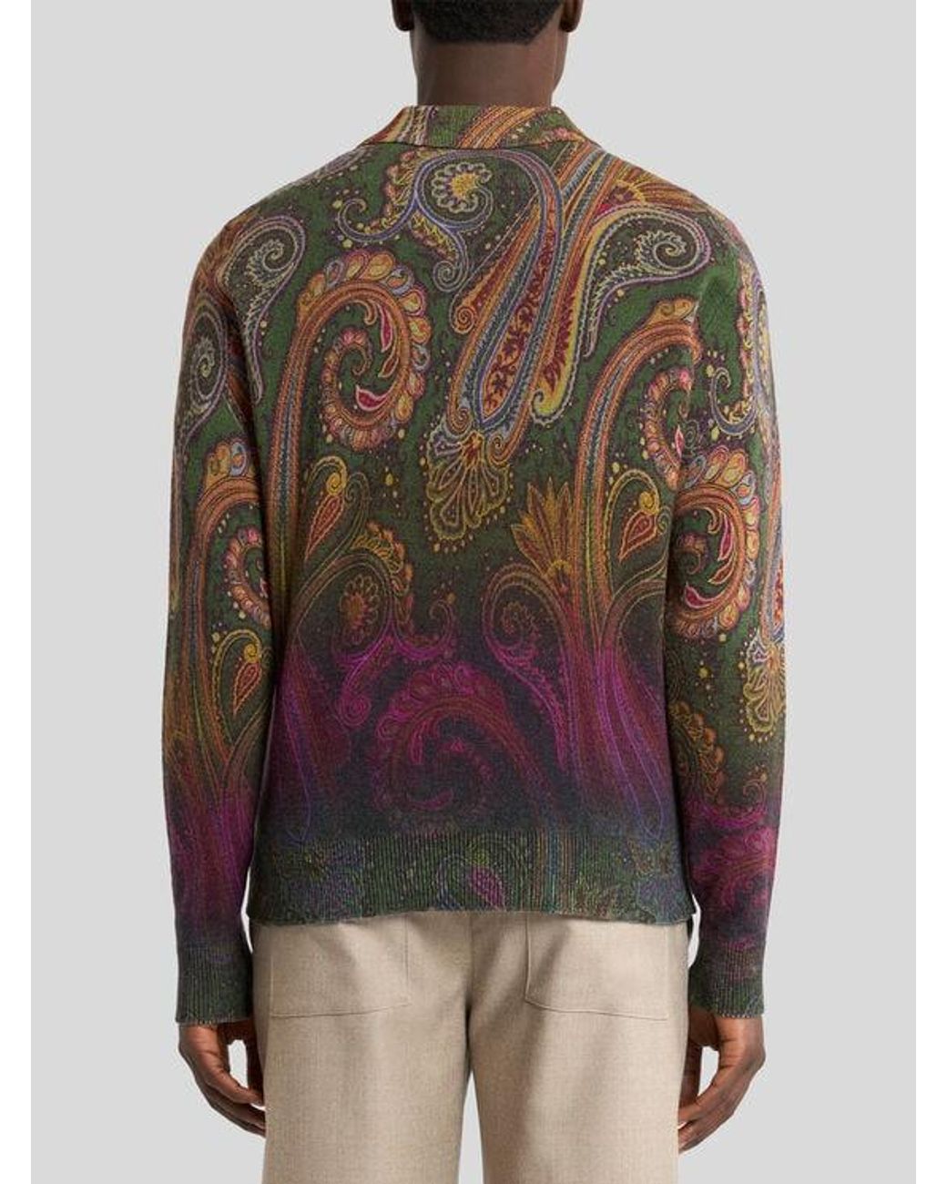 Etro Brown Long-Sleeved Wool Polo Shirt With Degradé Paisley Motif for men