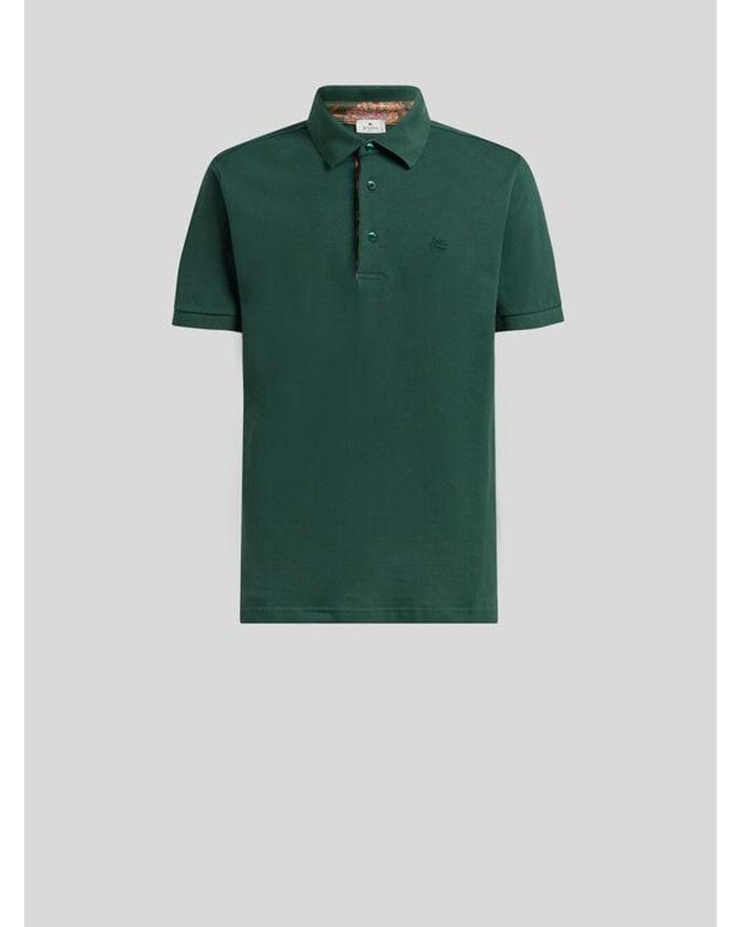 Etro Green Plain-Coloured Cotton Polo Shirt With Printed Details for men