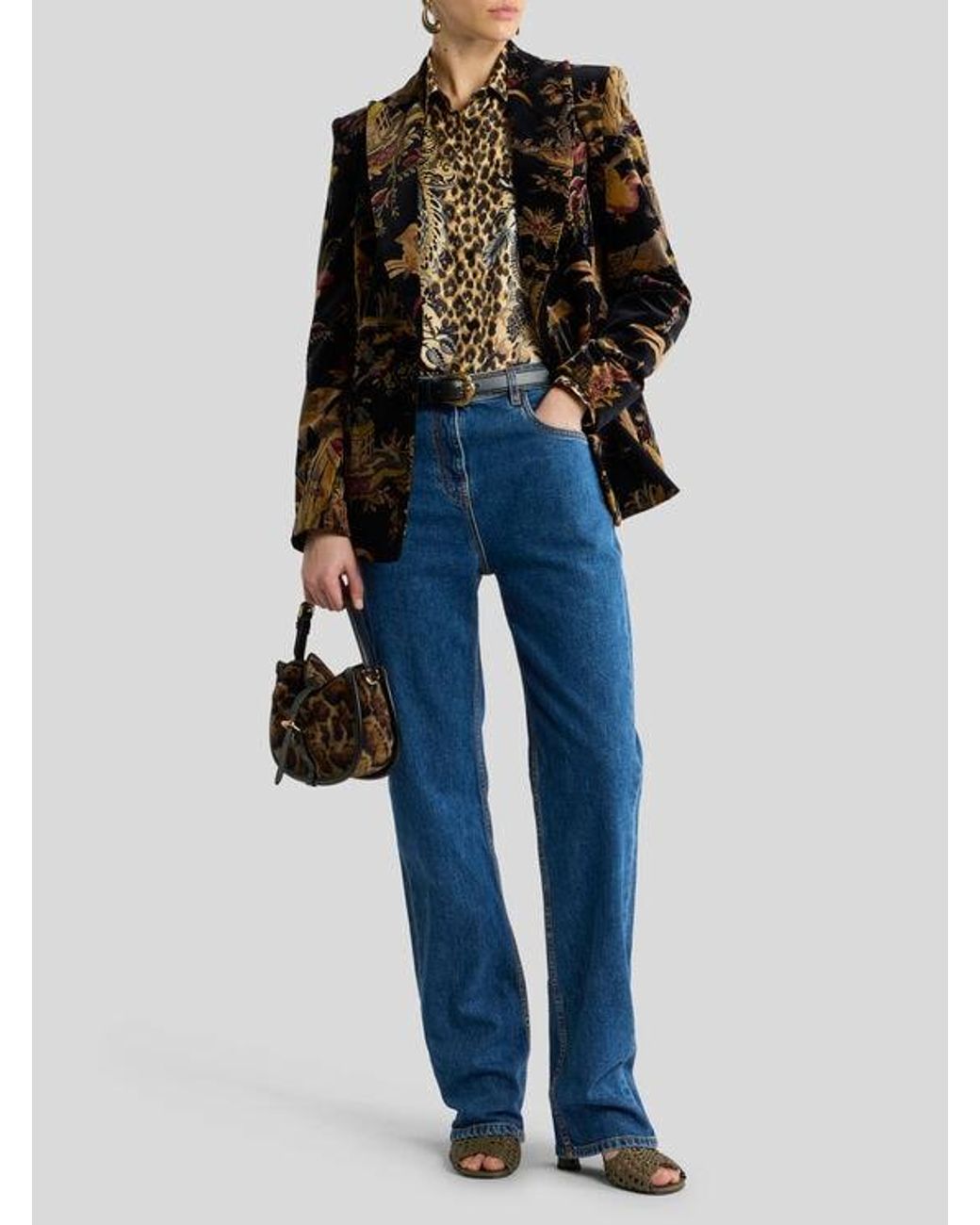 Etro Black Double-Breasted Cotton Velvet Jacket With Flower And Animal Overprint