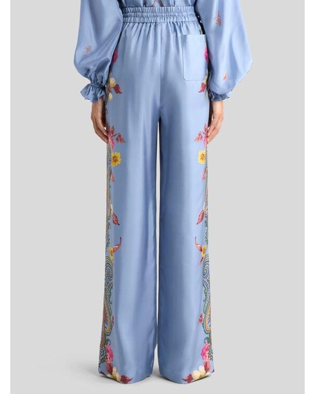Etro Blue Silk Trousers With Placed Floral Paisley Print