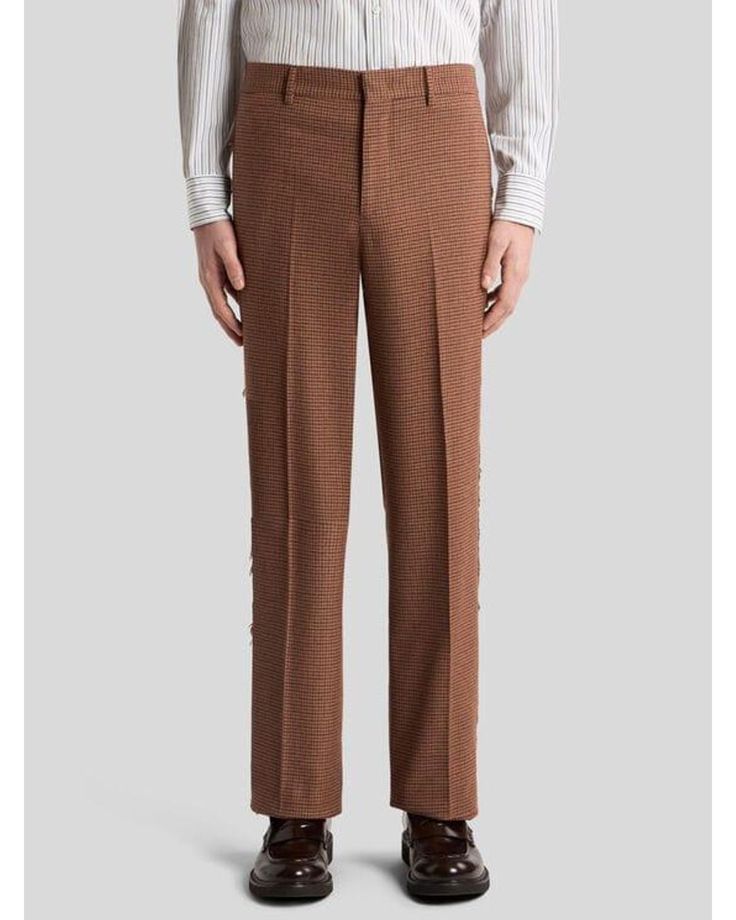 Etro Brown Straight-Leg Wool And Cashmere Trousers With Feathers And Micro Houndstooth Pattern for men