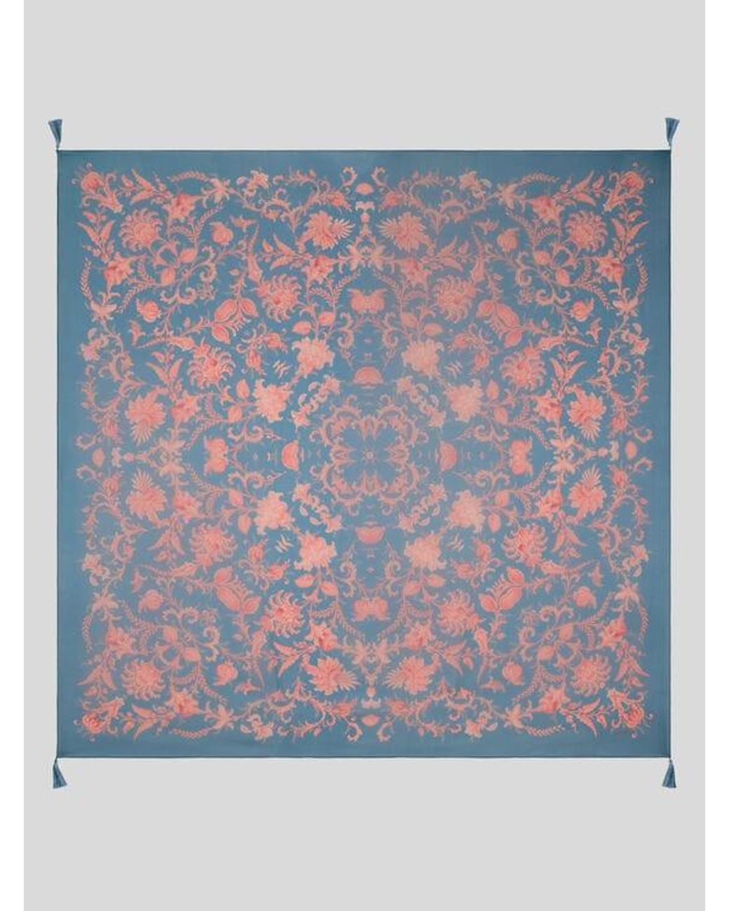 Etro Blue Silk Shawl With Floral Motif And Tassels