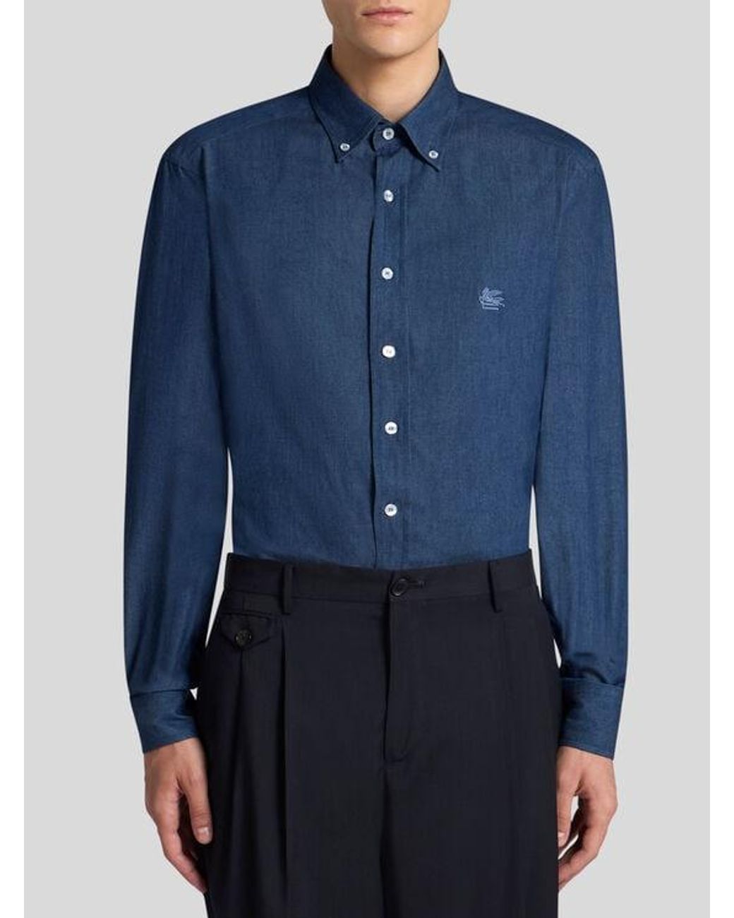 Etro Blue Denim Shirt With Logo for men