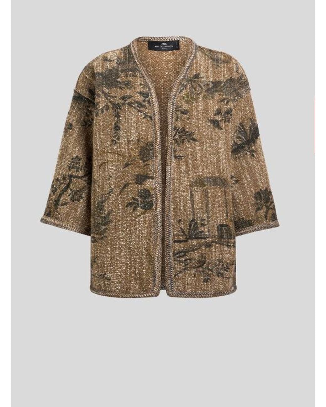 Etro Natural Bouclé Kesa With Flower And Animal Motif