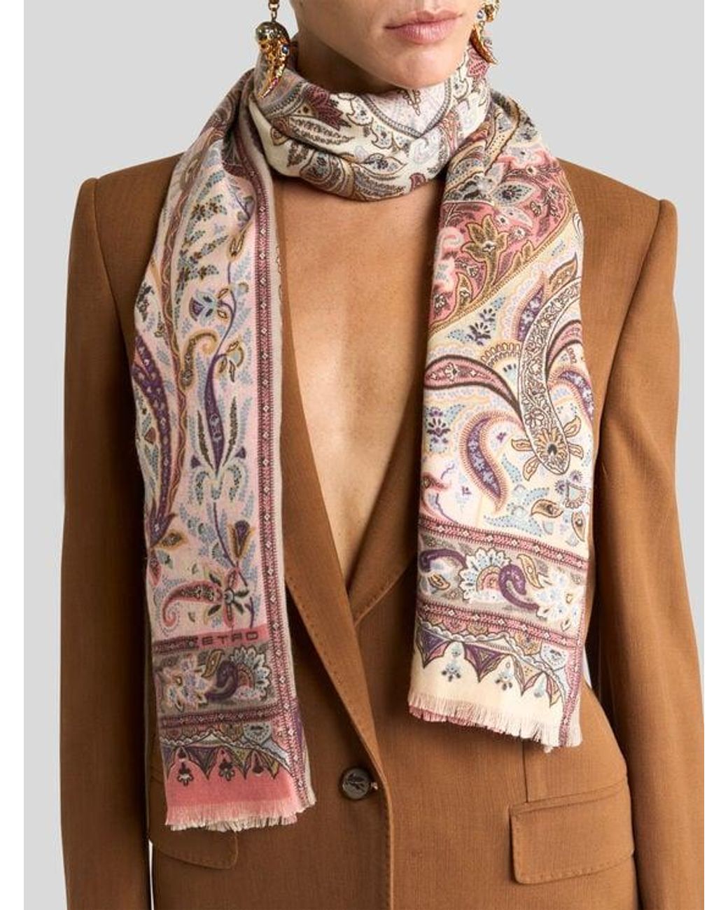 Etro Pink Leafy Silk And Cashmere Scarf