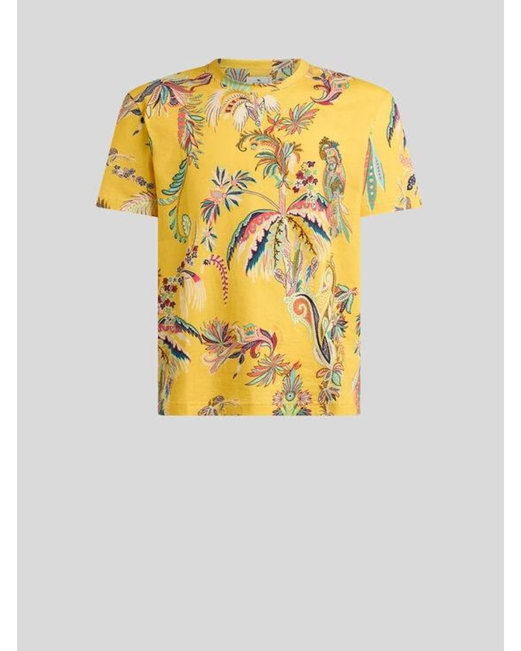 Etro Yellow Cotton Jersey T-Shirt With Parrot And Palm Tree Motif for men