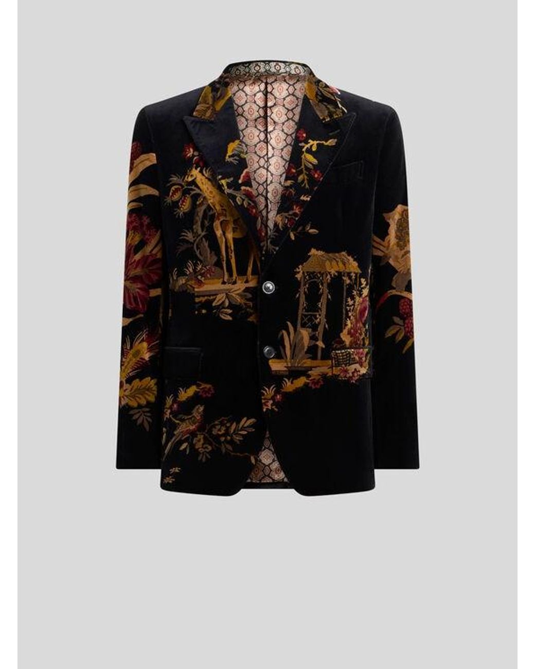 Etro Black Single-Breasted Cotton Velvet Jacket With Placed Flower And Animal Print for men