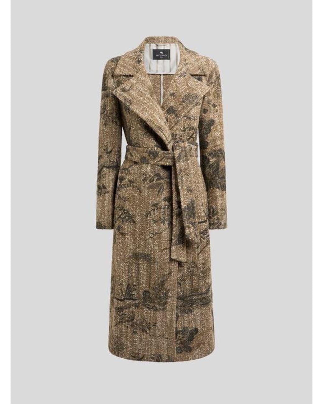 Etro Natural Bouclé Wrap Coat With Flower And Animal Motif