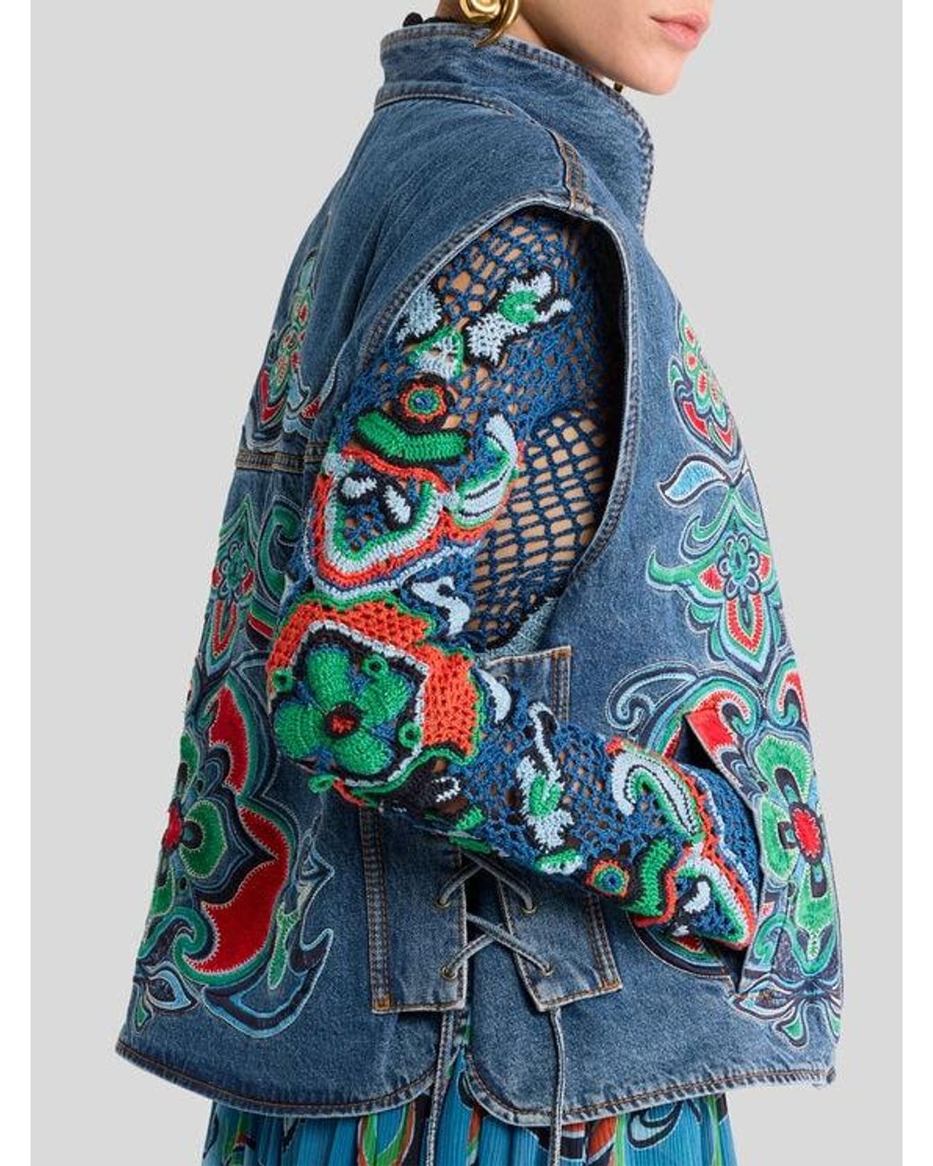 Etro Blue Denim Vest With Floral Motif