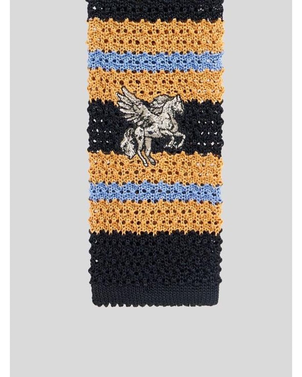 Etro White Knit Silk Tie With Stripes And Pegaso for men