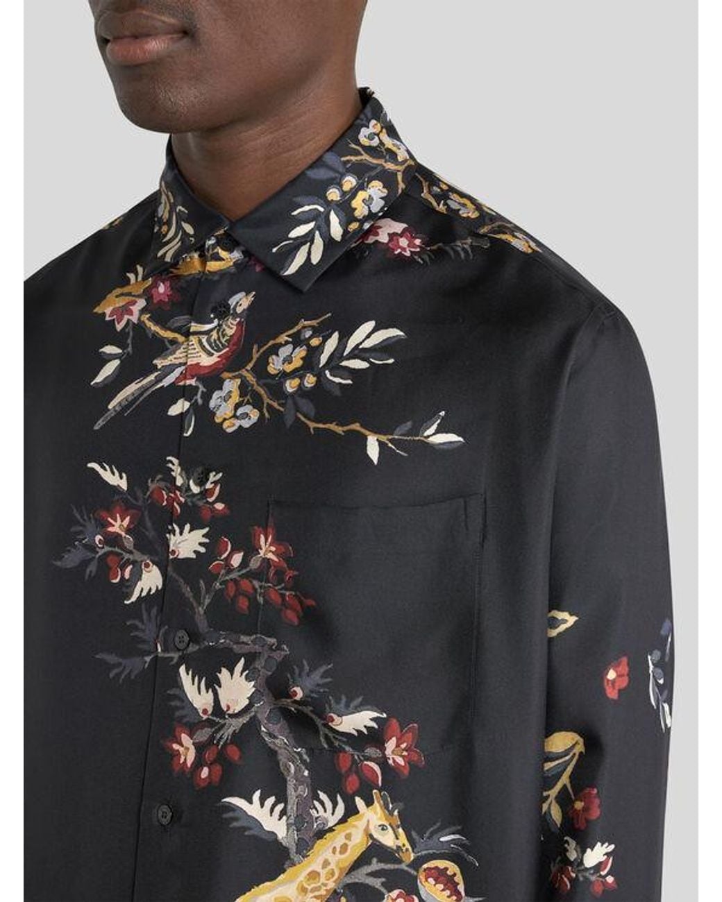 Etro Black Silk Twill Shirt With Placed Flower And Animal Print for men