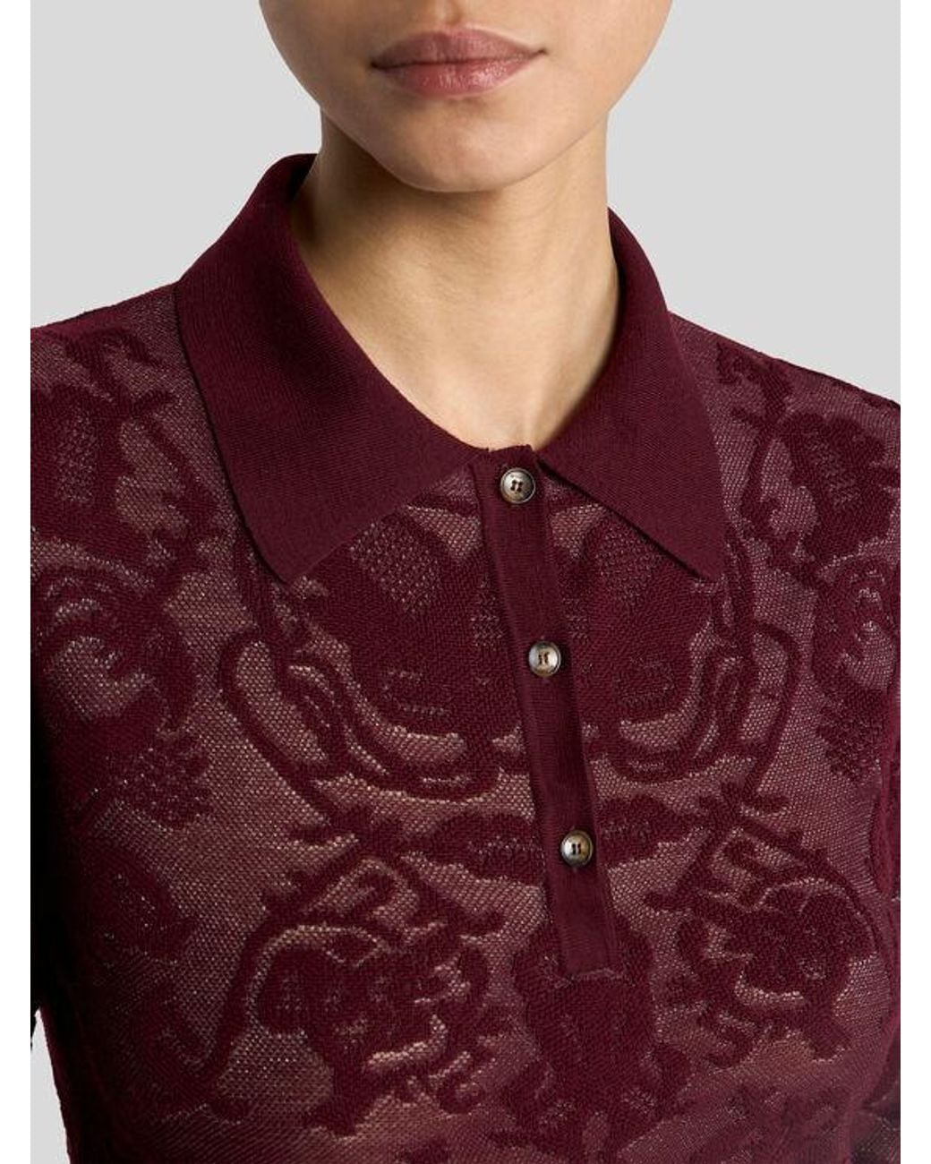 Etro Red Long-Sleeved Wool Jacquard Polo Shirt With Placed Motif