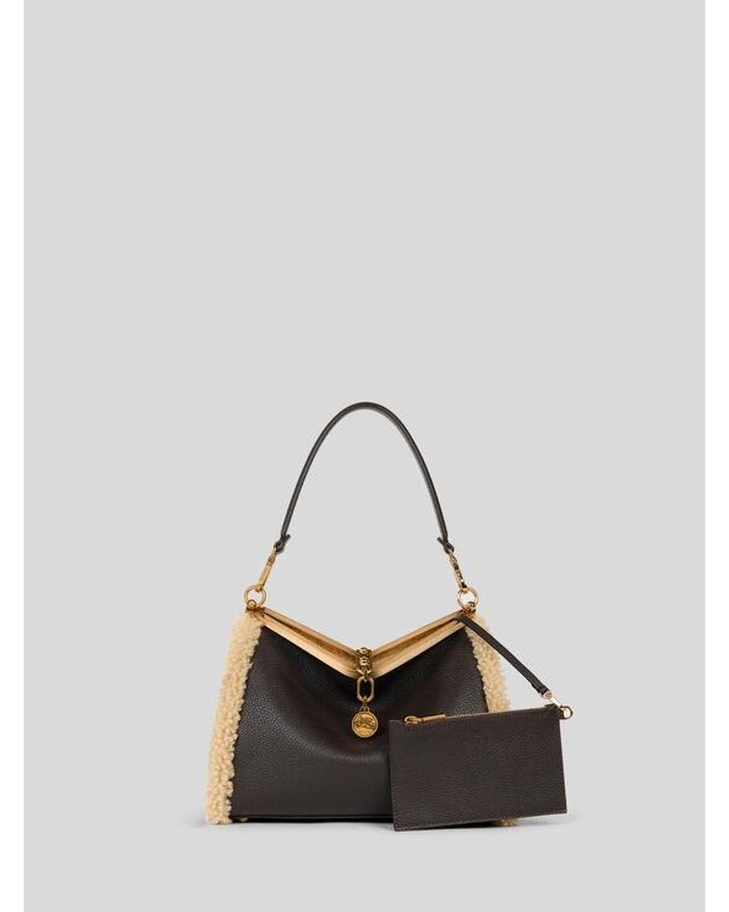 Etro Black Medium Leather Vela Bag With Shearling Details