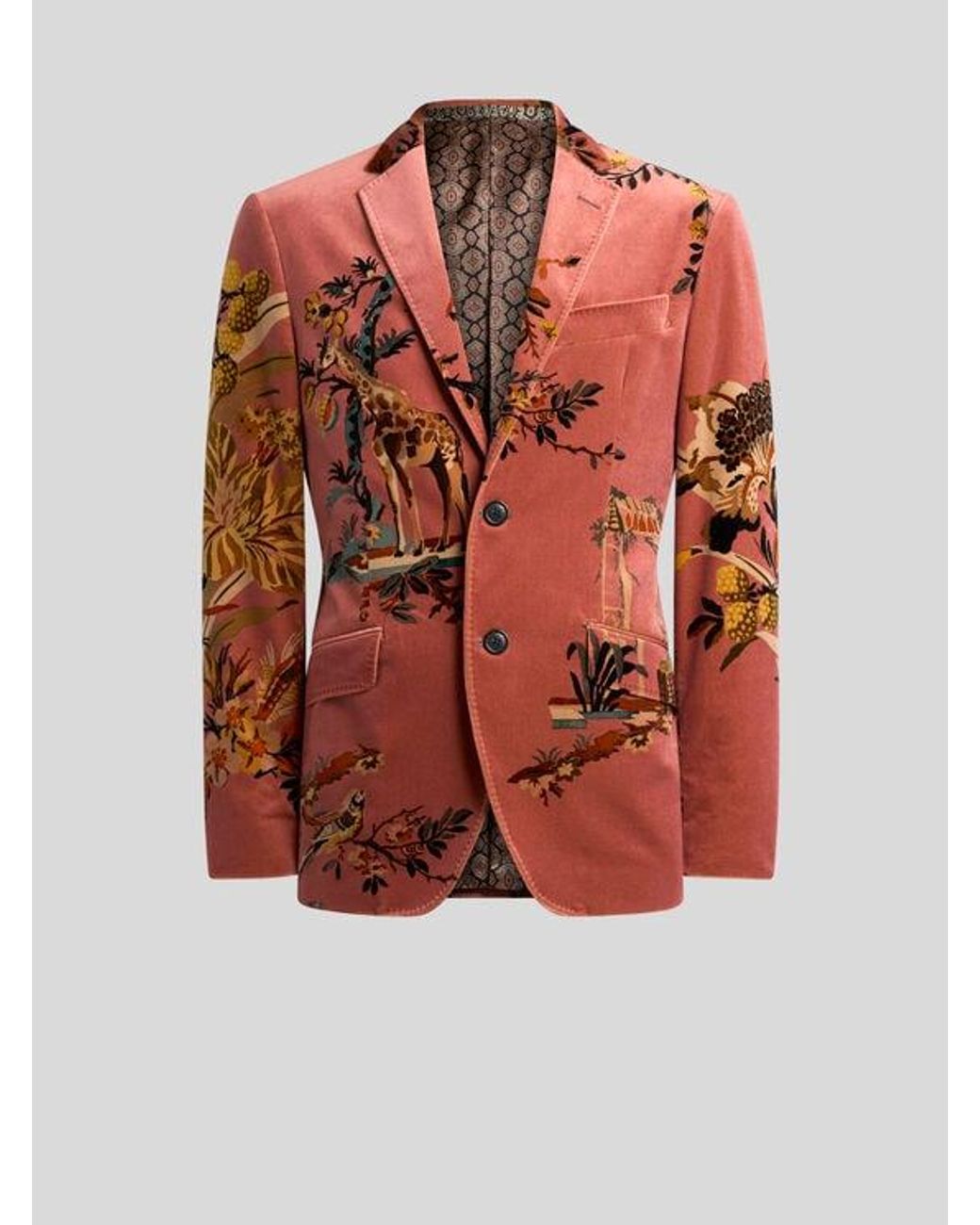 Etro Brown Single-Breasted Cotton Velvet Jacket With Placed Flower And Animal Print for men
