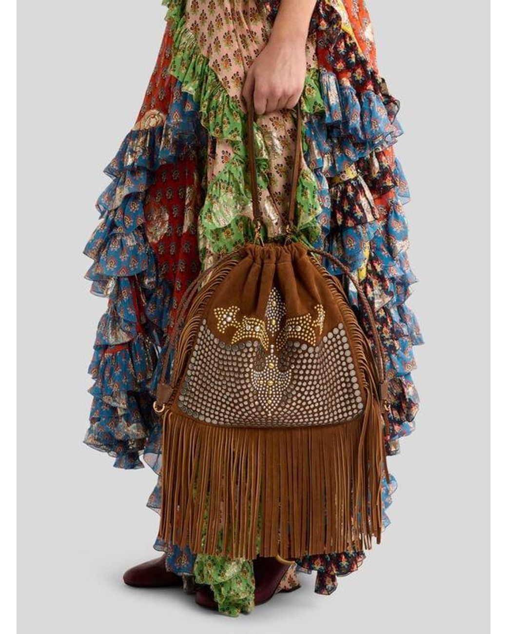 Etro Brown Medium Suede Kalispera Bag With Studs And Fringes