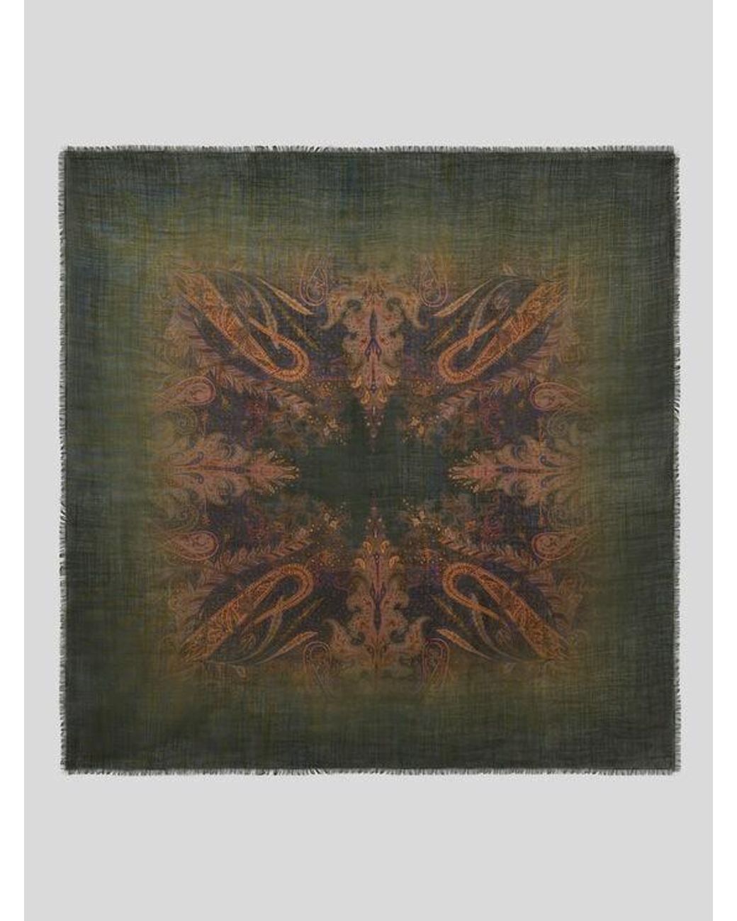 Etro Green Wool And Silk Scarf With Faded Floral Paisley Motif for men