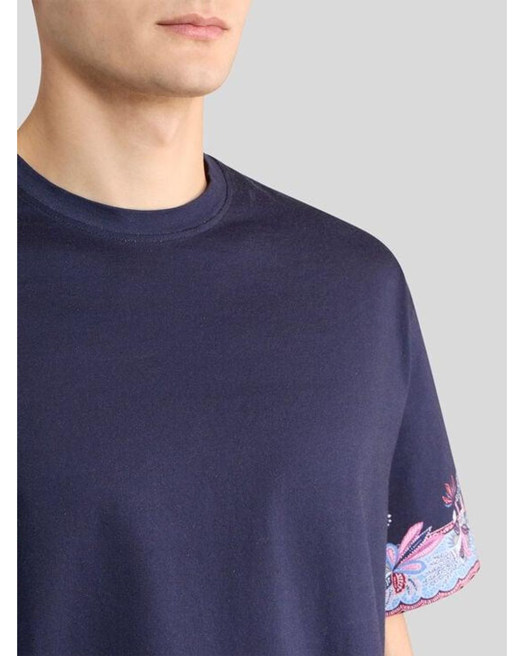 Etro Blue Cotton Jersey T-Shirt With Placed Paisley Print for men