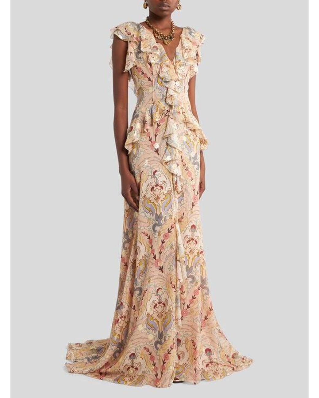 Etro Metallic Long Printed Silk Dress