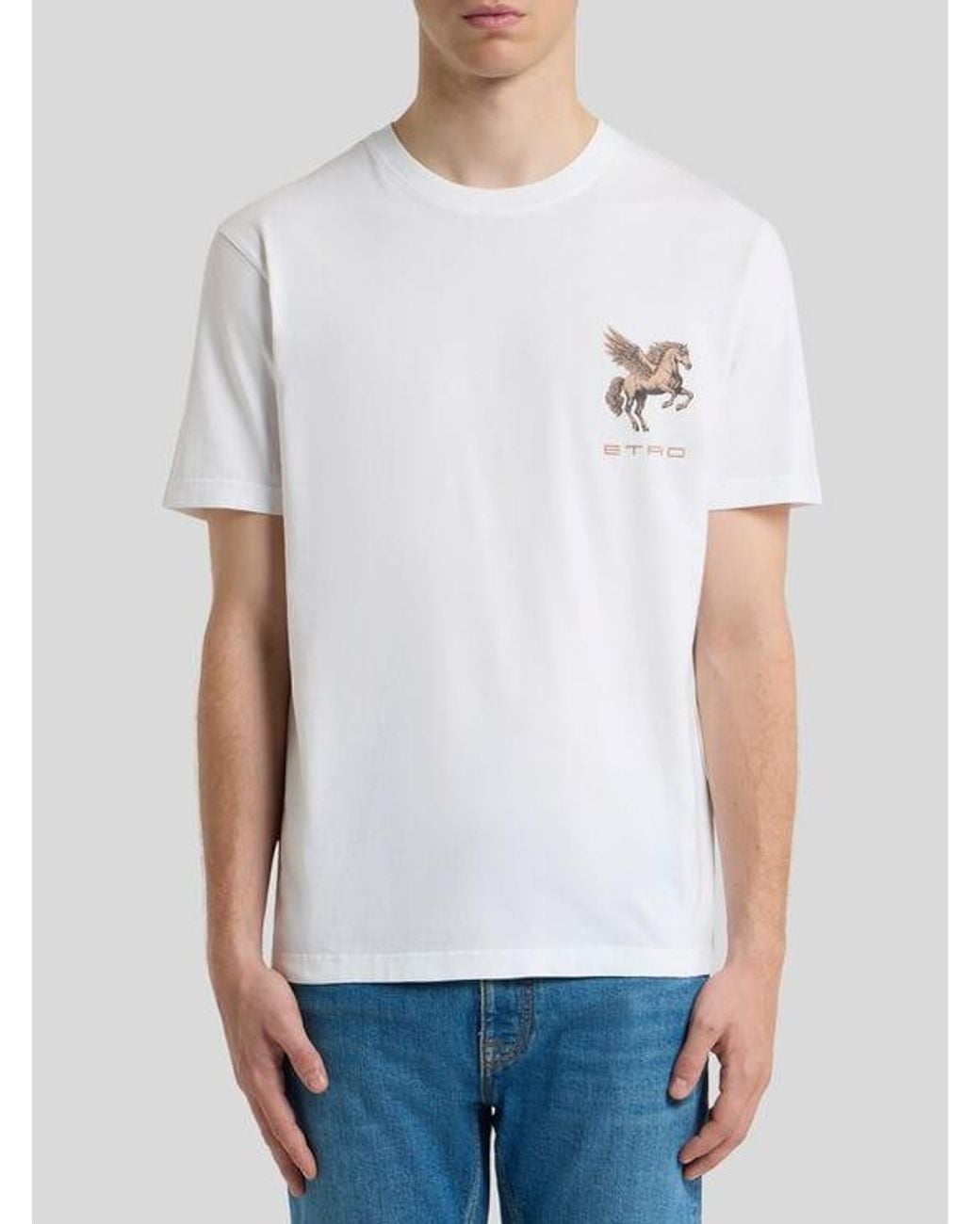 Etro White Cotton Jersey T-Shirt With Pegaso Embroidery for men