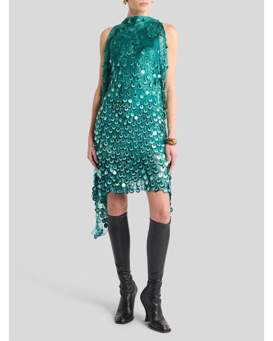 Etro Green Silk Mini Dress With Sequin Embroidery