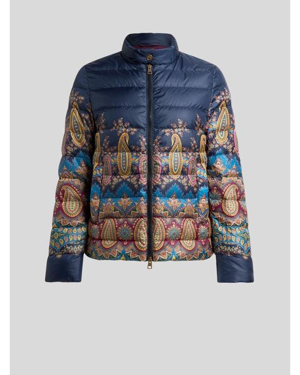 Etro Blue Down Jacket With Placed Paisley Print