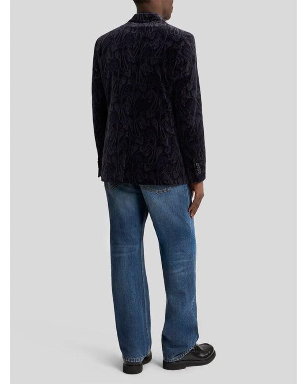 Etro Blue Single-Breasted Cotton Velvet Jacket With Paisley Overprint for men