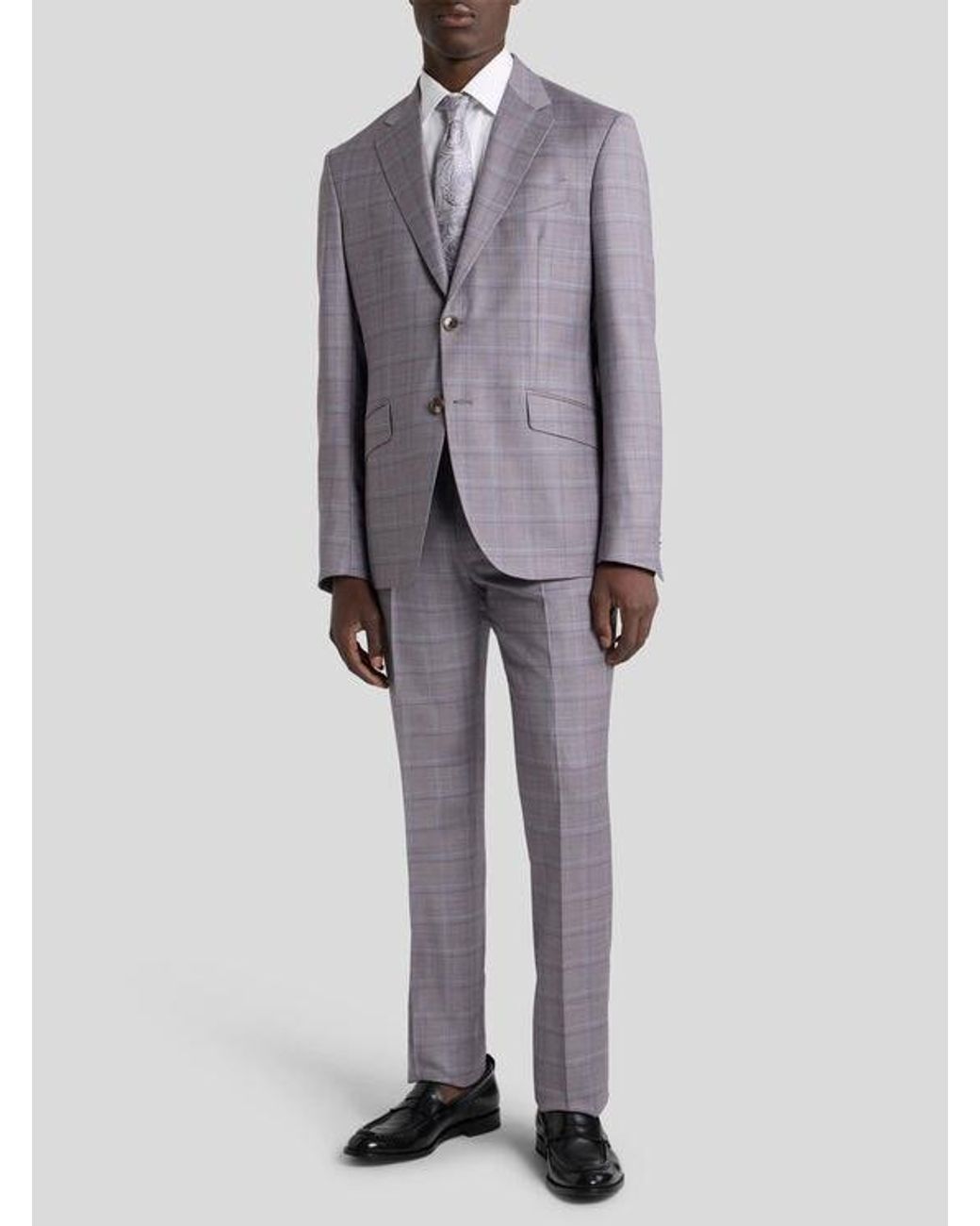 Etro Gray Single-Breasted Wool Suit With Check Motif for men