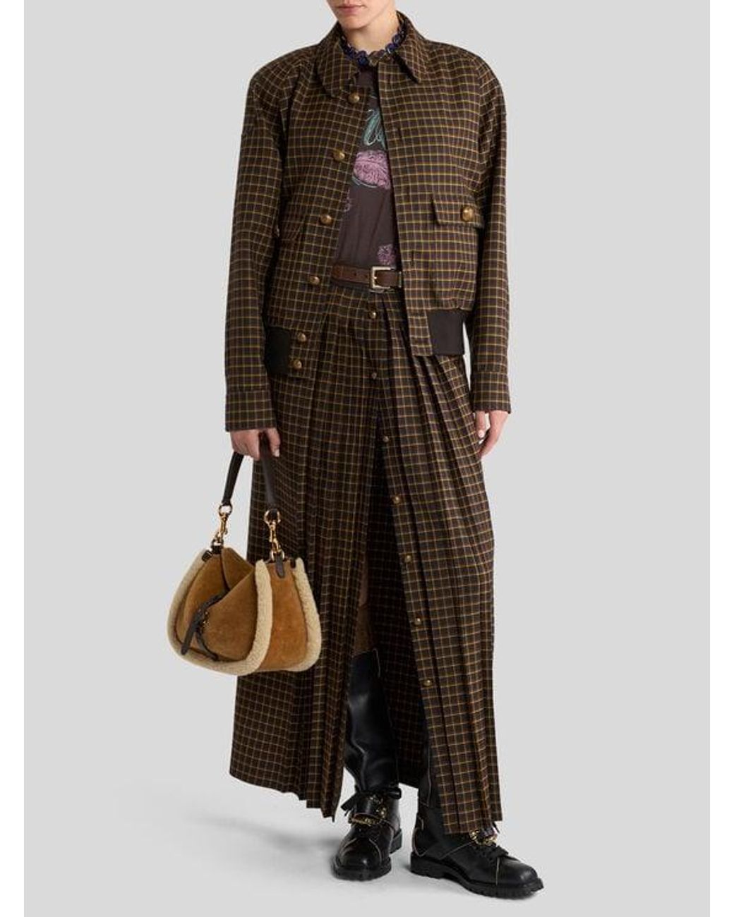 Etro Brown Wool Bomber Jacket With Check Motif