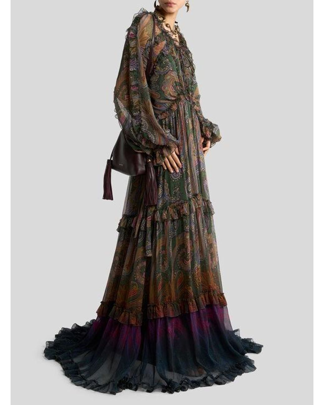 Etro Green Long Silk Dress With Ruffles And Placed Degradé Paisley Print