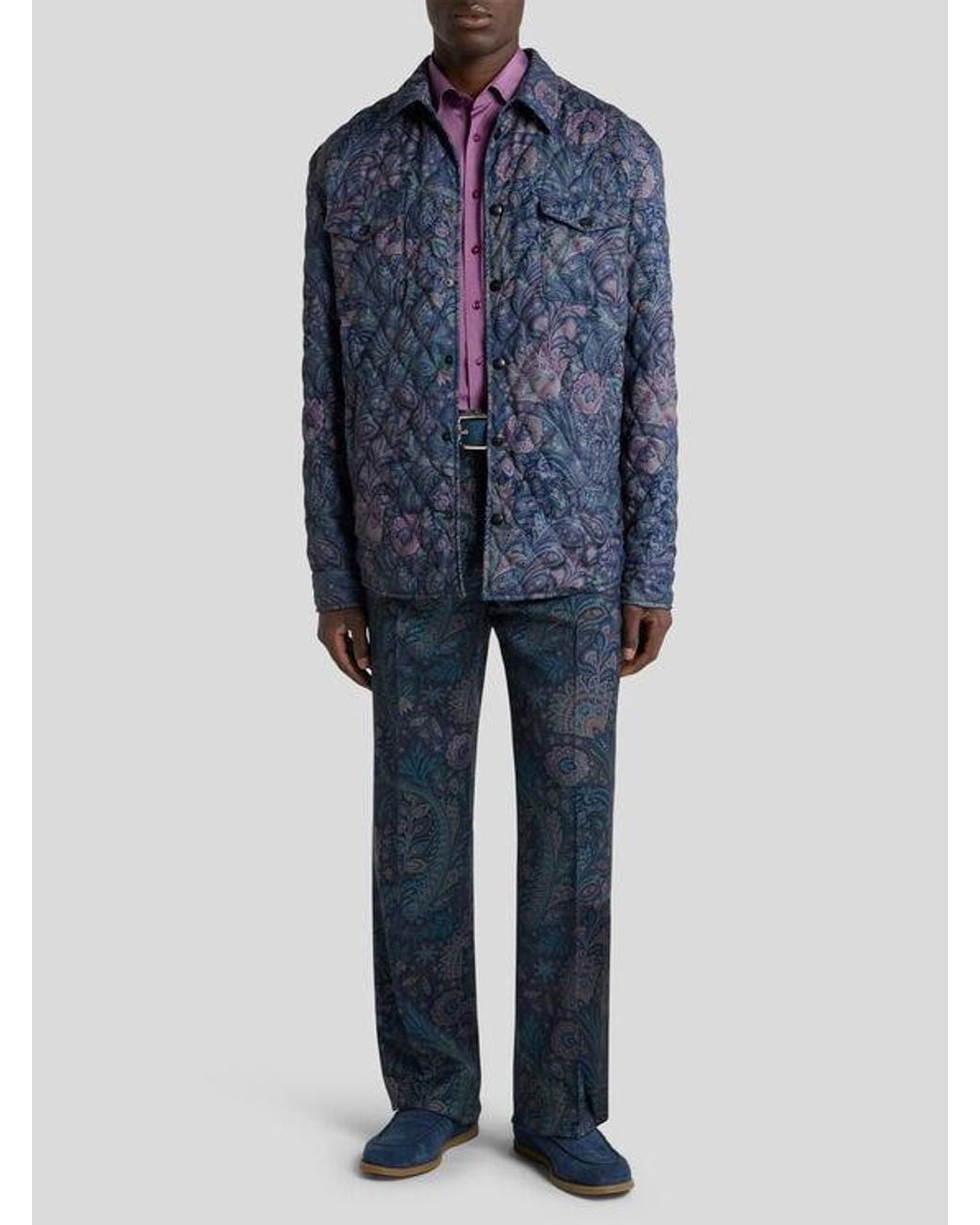 Etro Blue Quilted Overshirt With Floral Paisley Motif for men