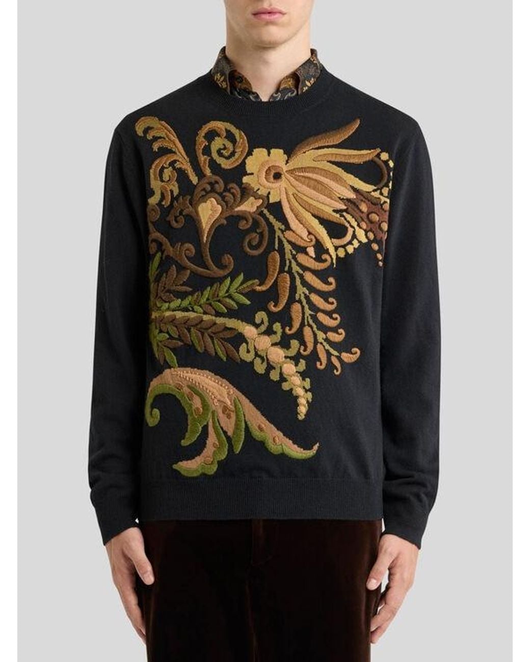 Etro Black Wool Jacquard Sweater With Floral Embroidery for men