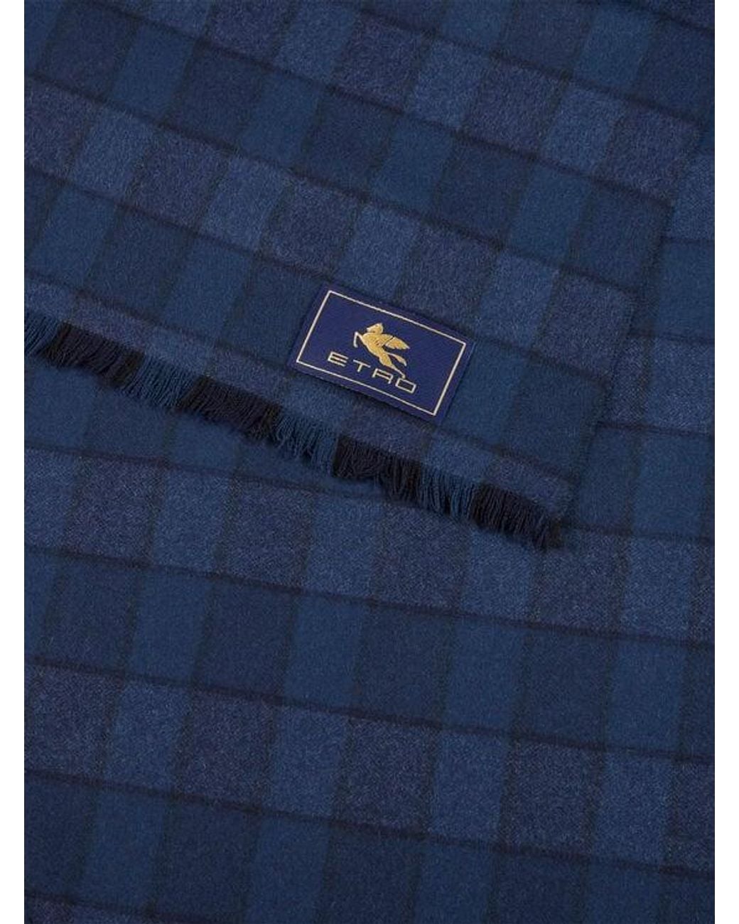 Etro Blue Wool And Cashmere Scarf With Check Motif for men