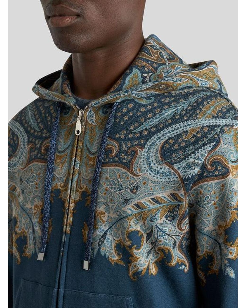 Etro Blue Cotton-Blend Hooded Sweatshirt With Placed Paisley Pochette Print for men