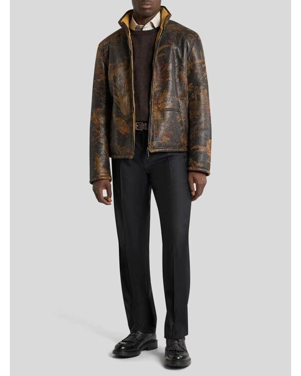 Etro Brown Leather Bomber Jacket With Shearling And Animal And Floral Print for men